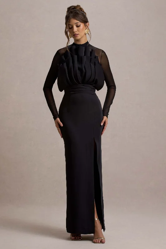 ladies-maxi-dress-winter-warmth-Alder | Black Mesh Long-Sleeve Ruffled Split Maxi Dress