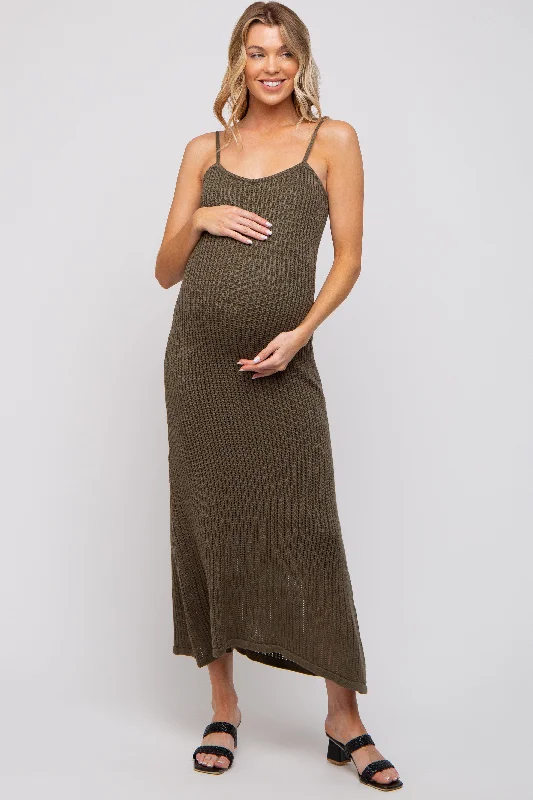 Women's midi dress new chic -Olive Open Knit Crochet Maternity Midi Dress