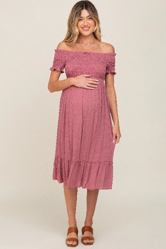 Women's midi dress grape pop -Mauve Off Shoulder Smocked Maternity Midi Dress