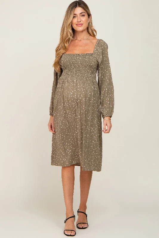 Women's midi dress grip chic -Olive Printed Long Sleeve Maternity Midi Dress