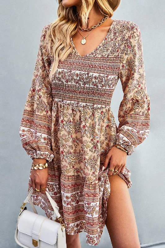 Women's midi dress sew glow -PATTERNED LOOSE SLEEVE MIDI DRESS