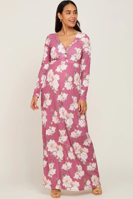 ladies-maxi-dress-ivory-illume-Mauve Floral Button Front Maternity Maxi Dress