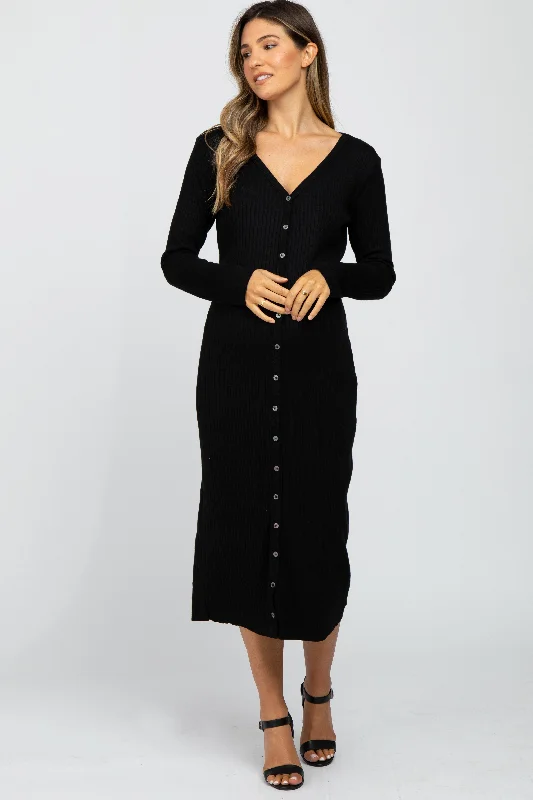 Women's midi dress wide pop -Black Ribbed Button Front Midi Cardigan Maternity Dress