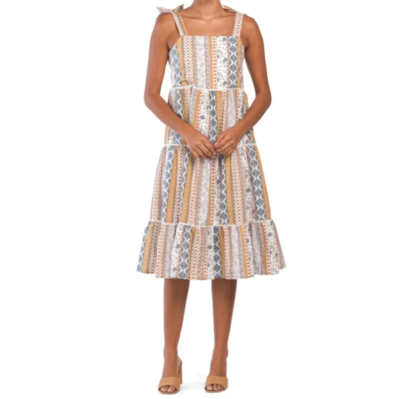 Women's midi dress part glow -Lucky Brand Women's Floral Stripe Shoulder Tie Smock Tiered Cotton Summer Midi Dress