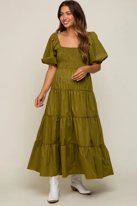 Women's midi dress mid chic -Light Olive Square Neck Smocked Puff Short Sleeve Tiered Maternity Midi Dress