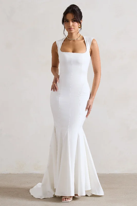 ladies-maxi-dress-mono-mirth-Adore You | Cream Square-Neck Structured Fishtail Maxi Dress