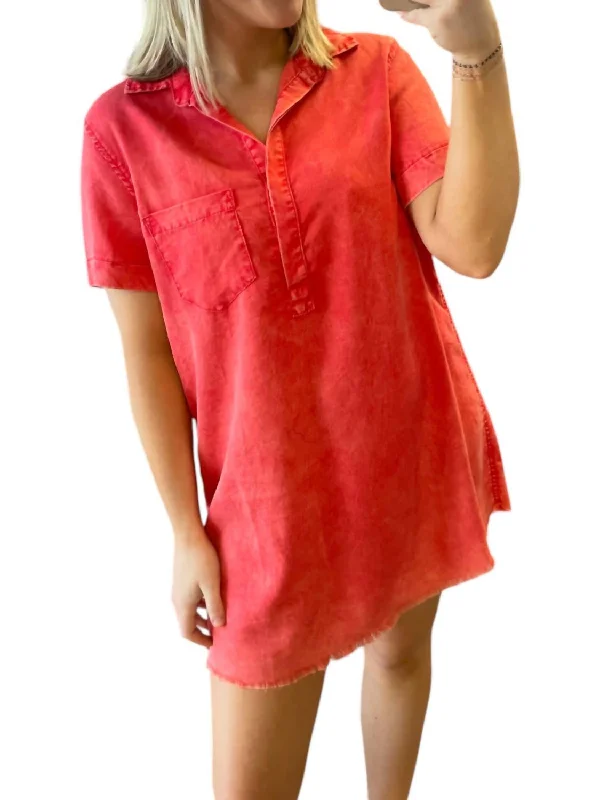 Women's shirt dress hot flair -Washed Denim Shirt Dress In Washed Red