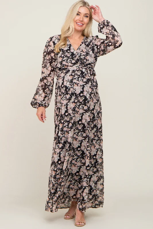 ladies-maxi-dress-delicate-dawn-Black Floral Chiffon Maternity Maxi Dress