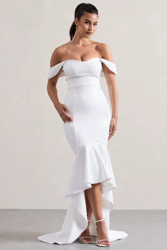 ladies-maxi-dress-backless-bliss-Cotillion | White Sweetheart High-Low Maxi Dress With Ruffle Hem