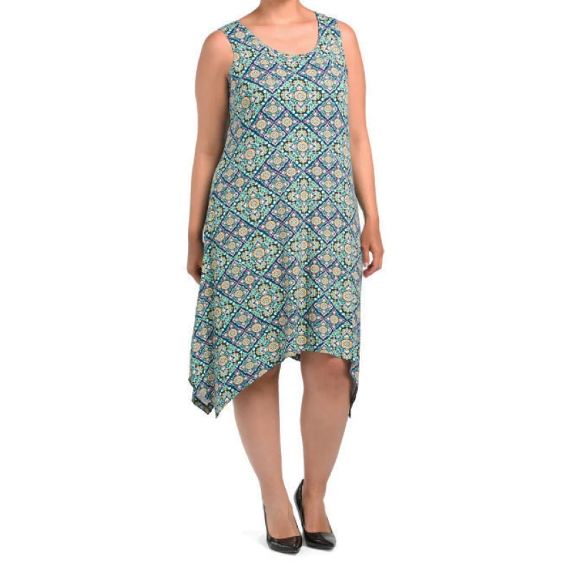 Women's midi dress mute flair -Lucky Brand Women's Plus Patchwork Print Sharkbite Hem Trapeze Midi Dress