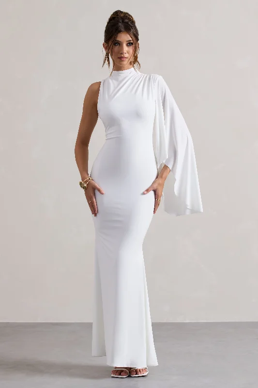 ladies-maxi-dress-bodycon-buzz-Samaya | White High-Neck Cape-Sleeve Maxi Dress