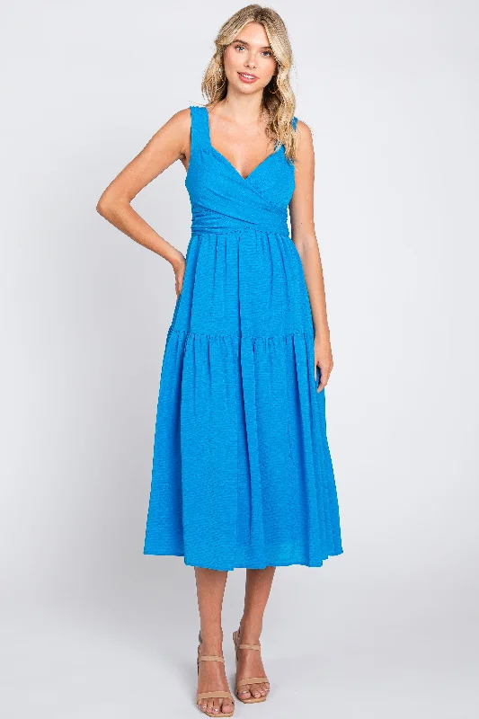 Women's midi dress kin chic -Blue Wrap Front Accent Midi Dress