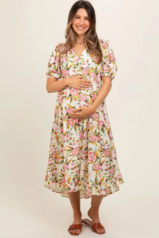 Women's midi dress twist pop -Cream Floral V-Neck Tiered Maternity Midi Dress