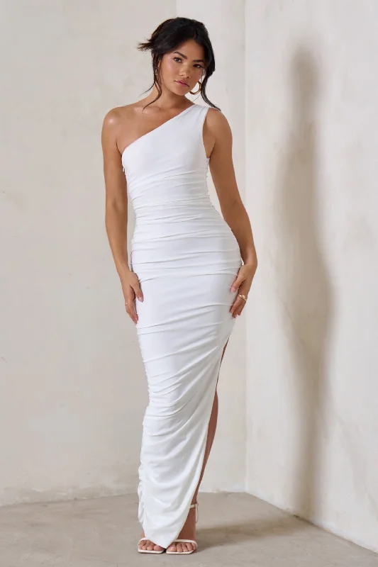 ladies-maxi-dress-travel-tide-Persia | White One Shoulder Side Split Ruched Maxi Dress