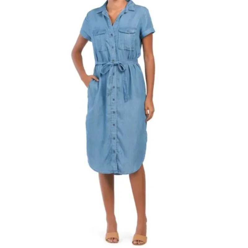 Women's midi dress kin chic -Lucky Brand Chambray Short Sleeve Curved Tail Hem Denim Midi Shirt Dress