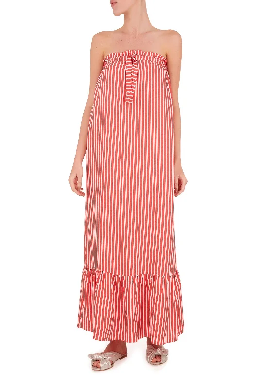 Women's midi dress snow flair -Striped Strapless Midi Dress With Ruffles