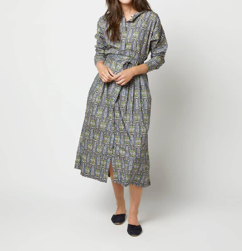 Women's shirt dress lax glow -Kimono Shirtwaist Dress In Blue/green Lindsay Garden Liberty Fabric