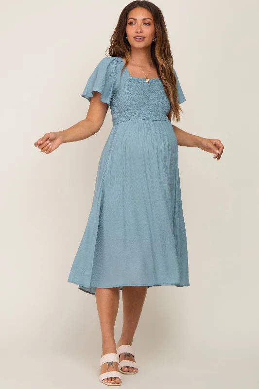 Women's midi dress funky glow -Light Blue Smocked Square Neck Flutter Short Sleeve Maternity Midi Dress