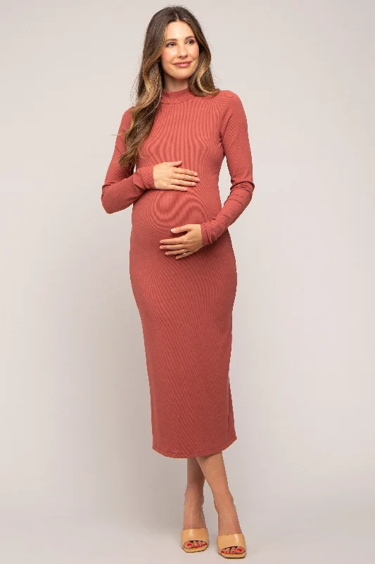 Women's midi dress ever flair -Rust Ribbed Mock Neck Maternity Midi Dress