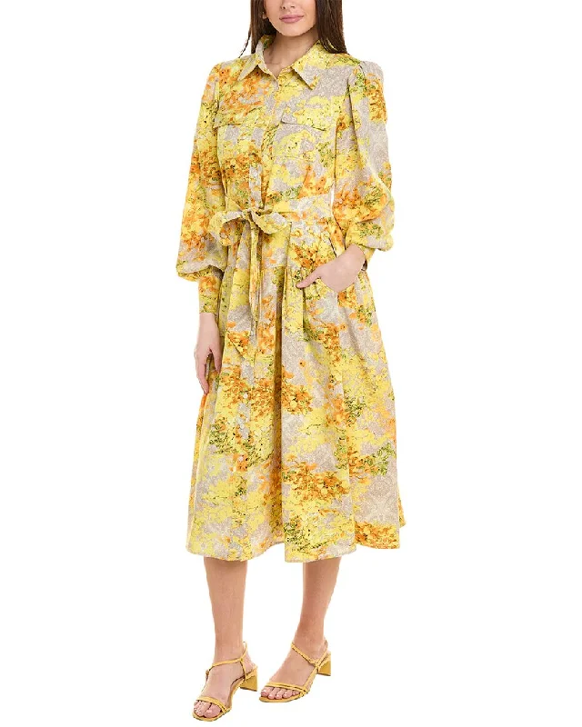 Women's shirt dress wave flair -Gracia Floral Print Bishop Sleeve Shirtdress