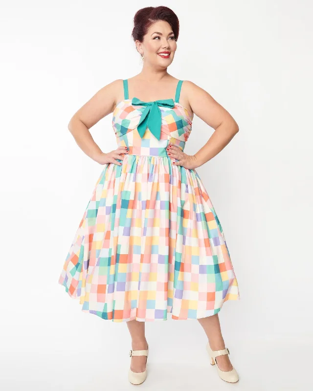 Women's flare dress trendy -Unique Vintage Plus Size Pastel Rainbow Checkered Golightly Flare Dress | Pastel Rainbow Checkered