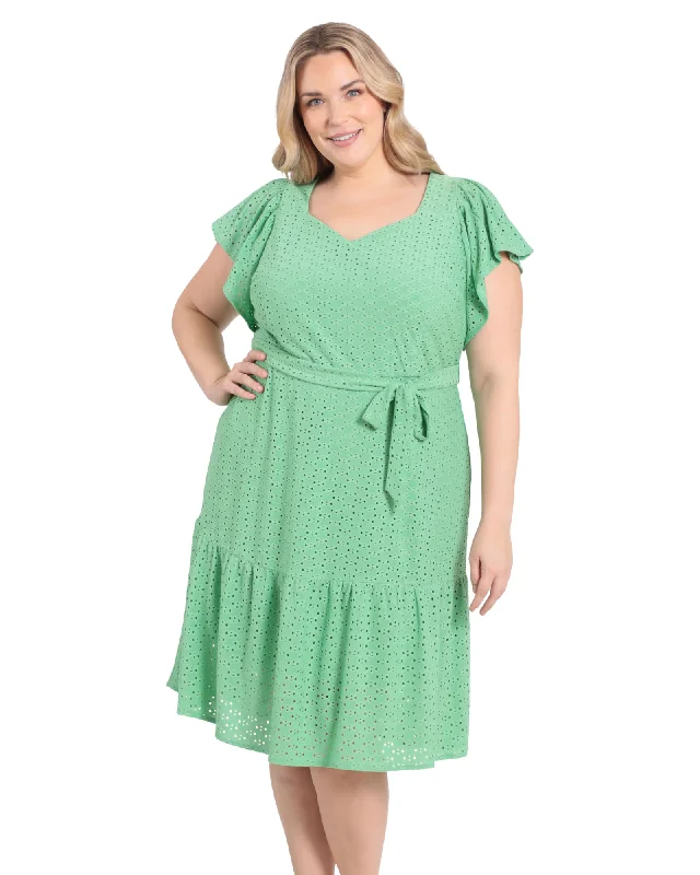 Women's midi dress tiny flair -Diamond dot embroidered flutter sleeve tiered midi dress | Green