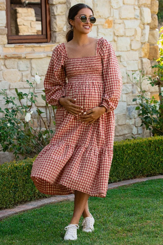 Women's midi dress cheer glow -Rust Gingham Long Sleeve Maternity Midi Dress