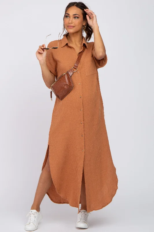 Women's midi dress lone glow -Camel Button Down Maternity Midi Dress