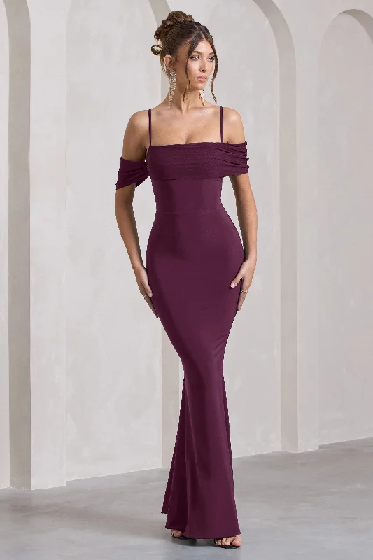 ladies-maxi-dress-structured-silk-Miracle | Plum Strappy Mesh Bardot Maxi Dress