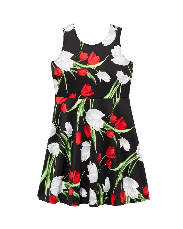 Women's flare dress business casual -Belmont Fit and Flare Floral Dress | Black / Red