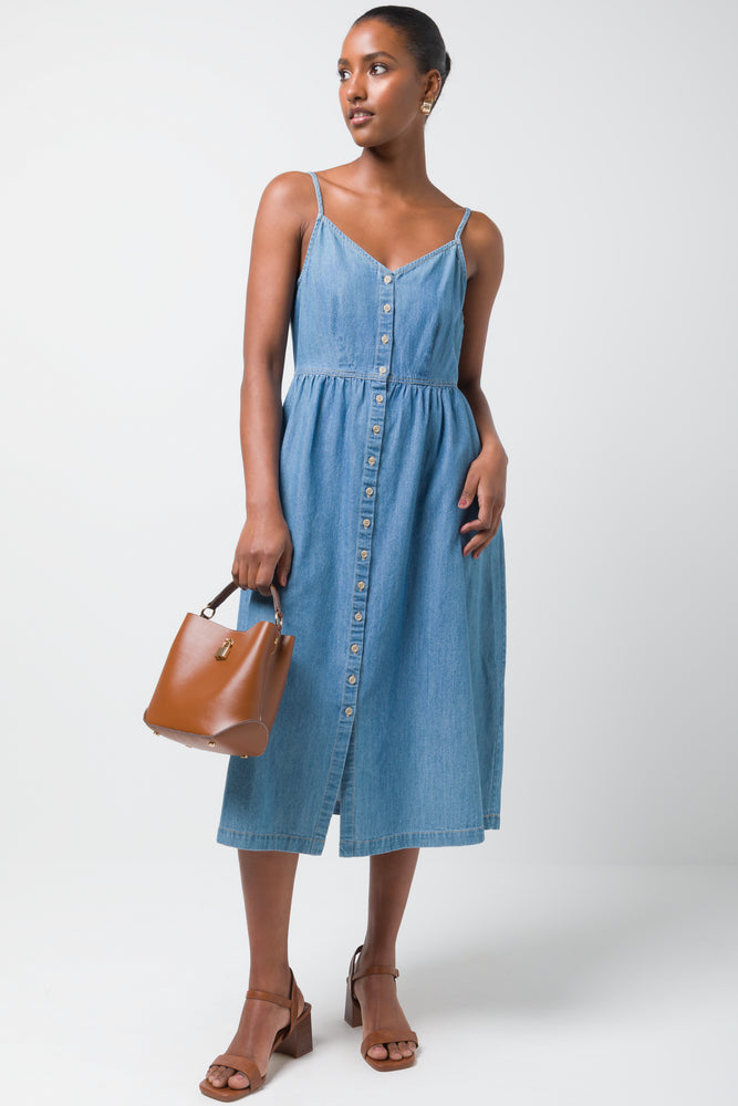 Women's midi dress sprout pop -Strappy Denim Midi Dressss Blue