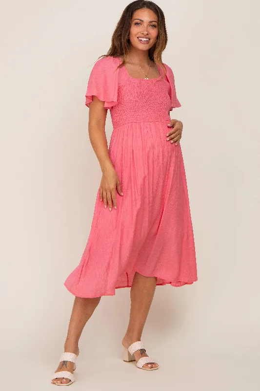 Women's midi dress spin chic -Coral Smocked Square Neck Flutter Short Sleeve Maternity Midi Dress