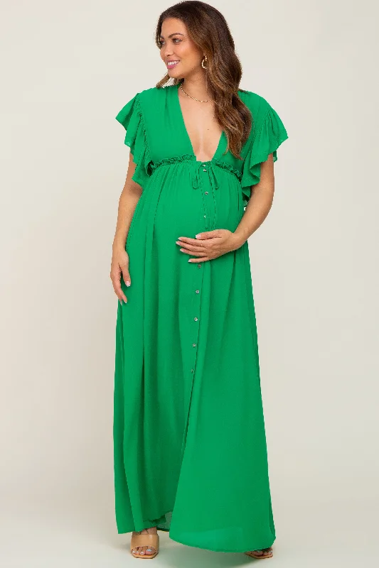 ladies-maxi-dress-travel-tide-Green Flounce Button Front Maternity Maxi Dress