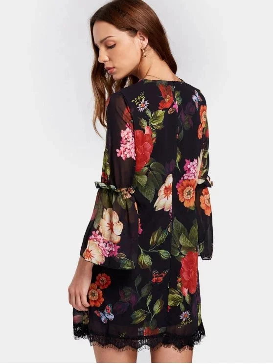 Women's flare dress office -TastyHottie - Print V Neck Flare Sleeve Flower Shift Dress