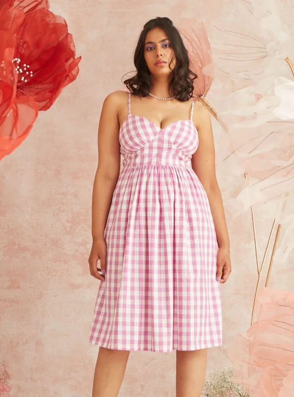 Women's midi dress bud glow -Georgie Pink Gingham Strappy Midi Dress