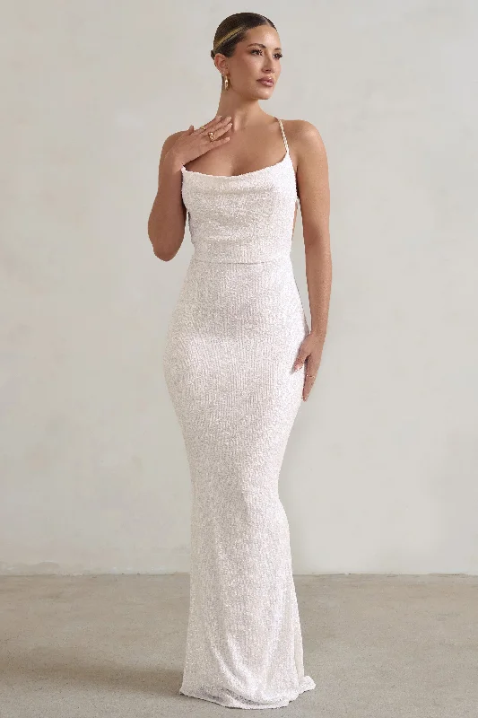 ladies-maxi-dress-photo-petal-Seeing Stars | White Cowl Cami Sequin Maxi Dress With Waist Tie