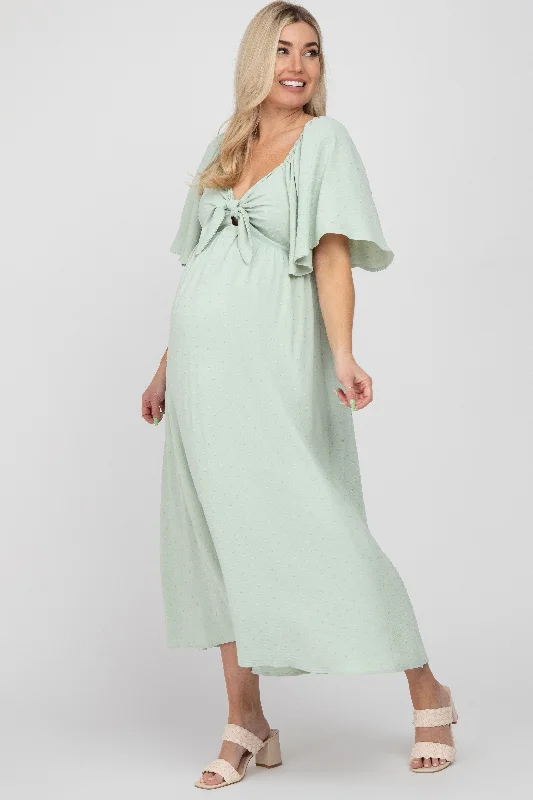 Women's midi dress bump chic -Mint Green Textured Dot Front Tie Ruffle Sleeve Maternity Midi Dress