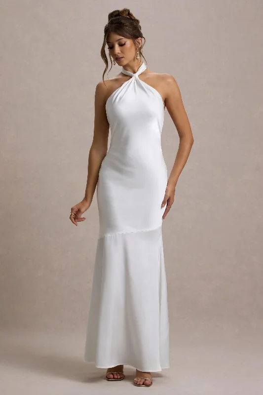 ladies-maxi-dress-orchid-opal-Knox | White Satin Knot Halter-Neck Maxi Dress