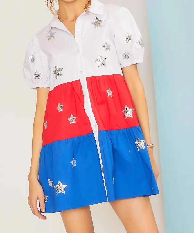 Women's shirt dress trim flair -Star Patch Shirt Dress In Multi