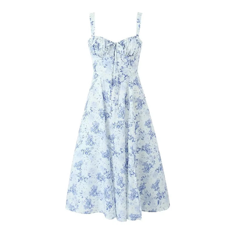 Women's midi dress shine chic -Women's Blue And White Porcelain Cotton Printed Midi Strap Dress