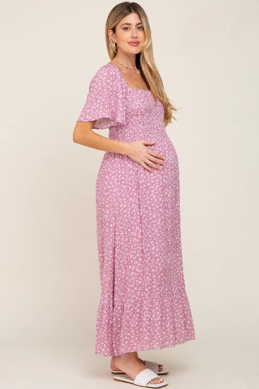 Women's midi dress blaze pop -Pink Floral Smocked Maternity Midi Dress