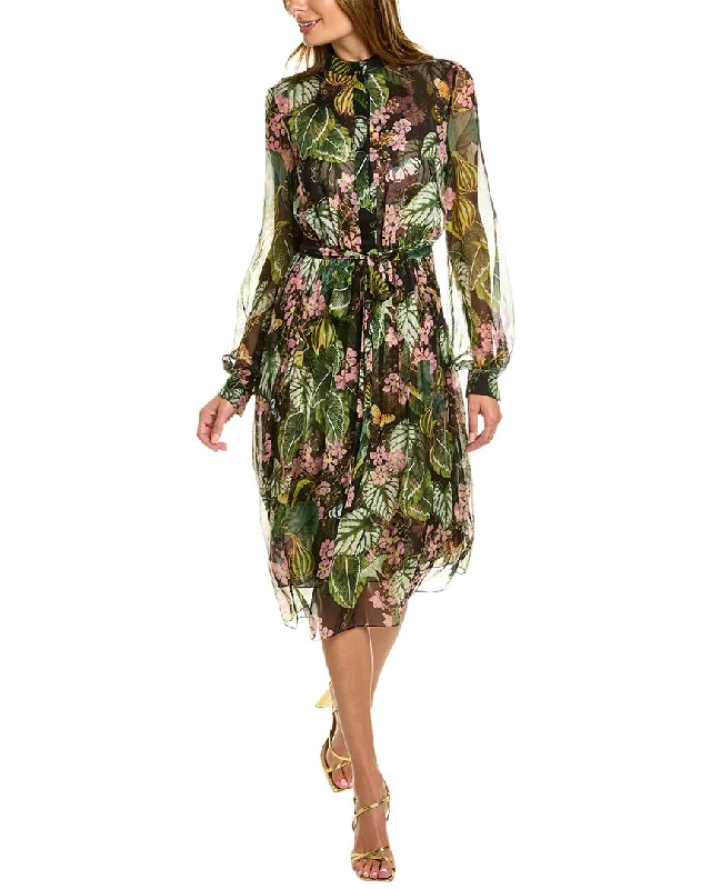 Women's shirt dress hot flair -Oscar de la Renta Printed Silk Chiffon Shirtdress