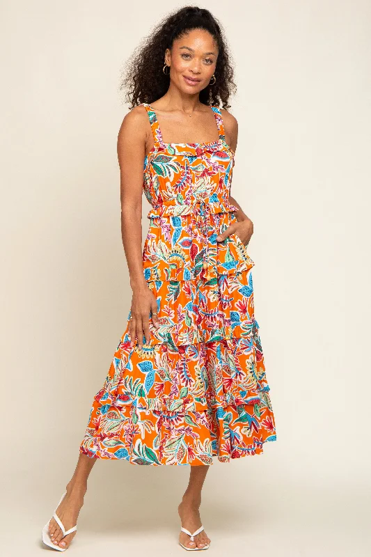 Women's midi dress dip flair -Orange Multi-Color Floral Sleeveless Tiered Midi Dress