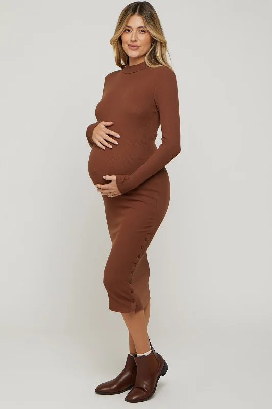 Women's midi dress muse glow -Brown Ribbed Mock Neck Button Side Slit Maternity Midi Dress