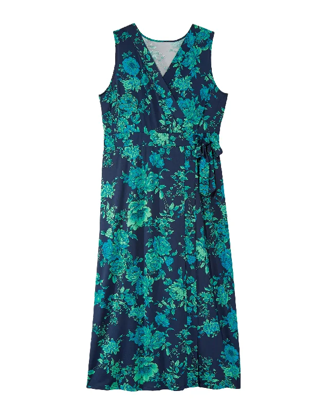 ladies-maxi-dress-sheer-shimmer-Juno Faux Wrap Maxi Dress | Navy / Teal