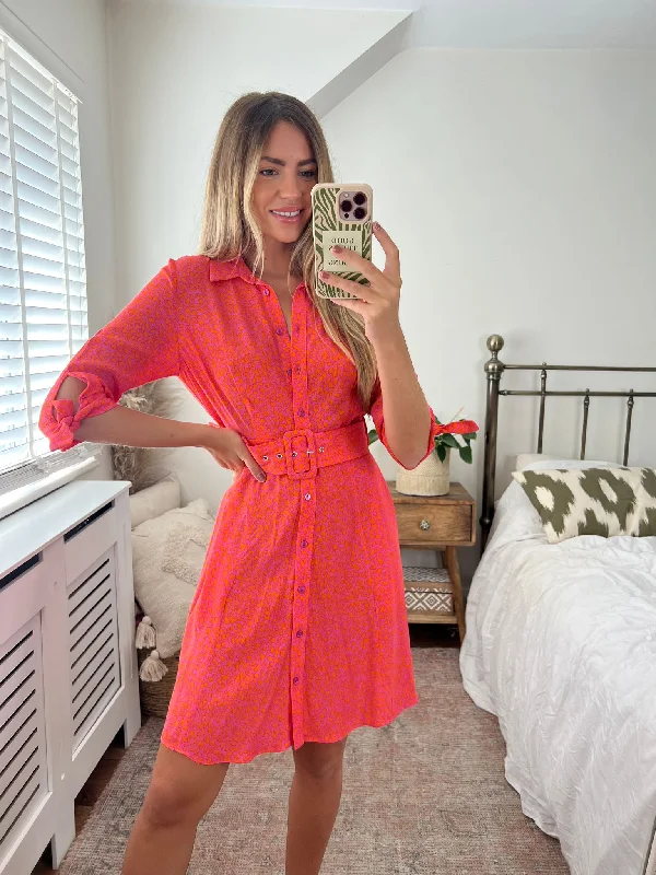 ladies-mini-dress-tangerine-twang-Olivia Mini Belted Shirt Dress / Pink Animal Print