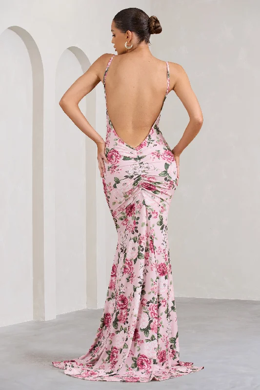 ladies-maxi-dress-satin-sweep-Adele | Pink Floral Print Backless Ruched Fishtail Cami Maxi Dress