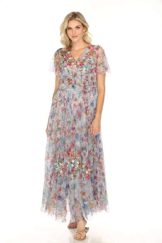 ladies-maxi-dress-edgy-ember-Johnny Was Biya Mazzy Flora Ruched Maxi Dress B32024-2K