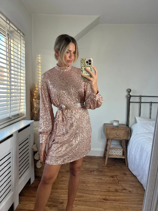 ladies-mini-dress-salmon-spunk-Hannah Sequin High Neck Mini Dress / Rose Gold