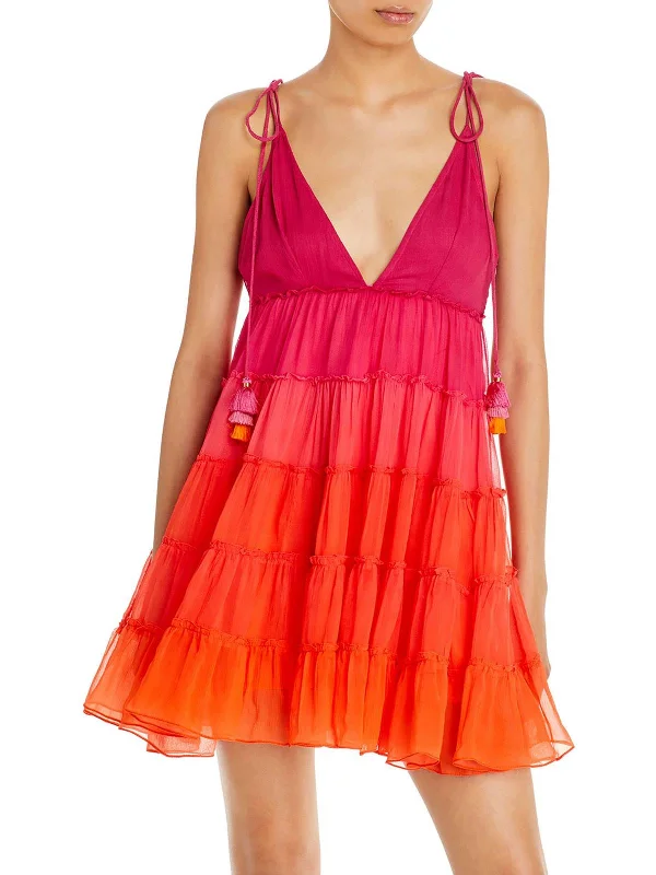 Women's flare dress vacation glow -Womens Tiered Pom-Pom Fit & Flare Dress